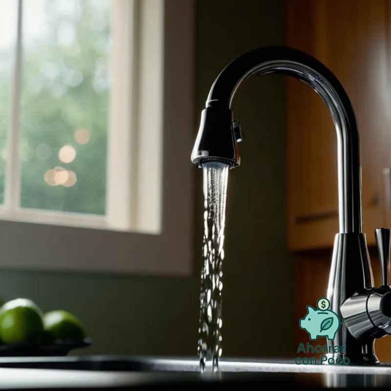 The image should show: a droplet of water trickling down from a leaky tap's faucet handle, illuminated by a faint soft glow of dimmed overhead lighting in a worn, cream-colored kitchen background, emphasizing the sense of frugality and efficiency.