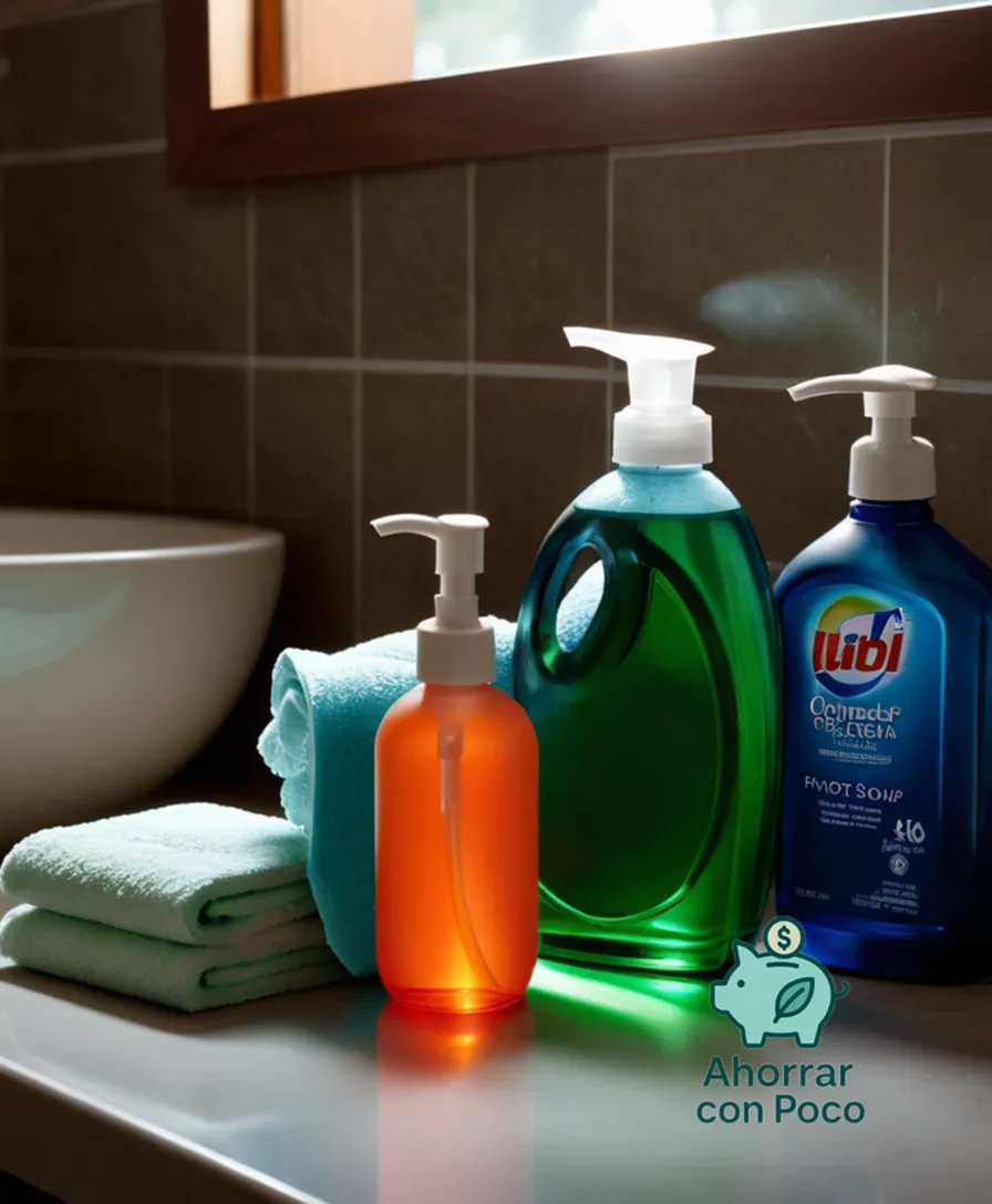 The image should show: A cluttered bathroom counter with various affordable cleaning products on display, including a brightly colored bottle of bleach, a generic-brand dish soap dispenser, and a roll of toilet paper, all surrounded by worn ceramic tiles and a faint sprinkle of dust.