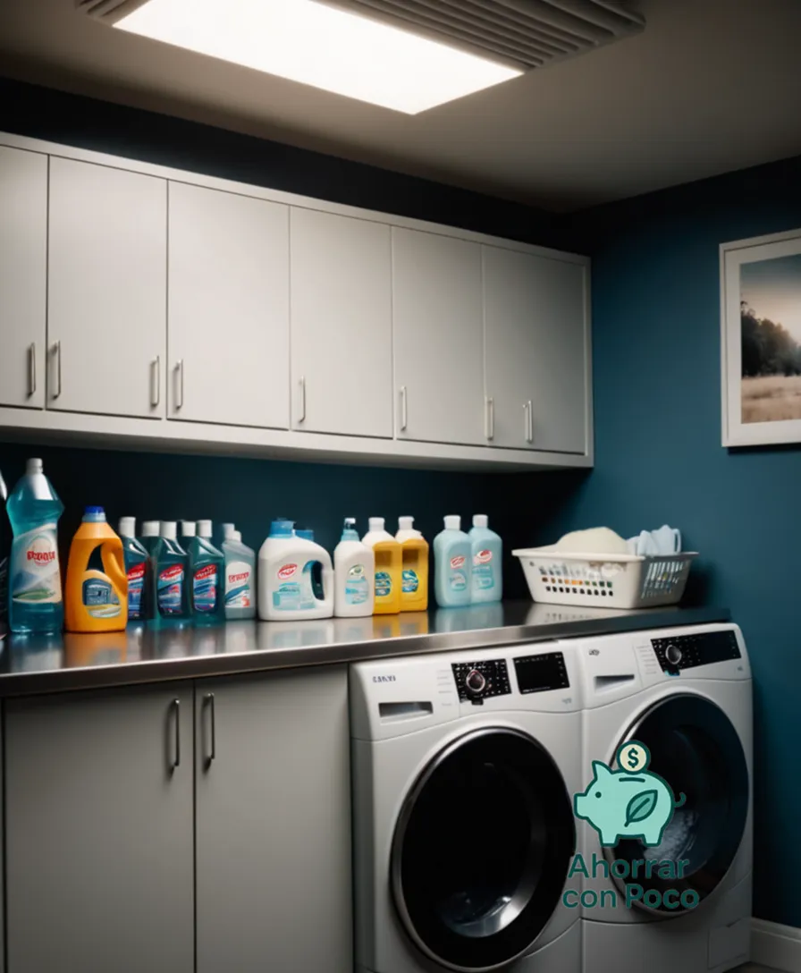 The image should show: A cluttered, yet organized, laundry room with a stainless steel shelf covered in various affordable cleaning products, including bottles of bleach, fabric softener, dish soap, and all-purpose cleaners, with a calendar on the wall highlighting saving strategies.