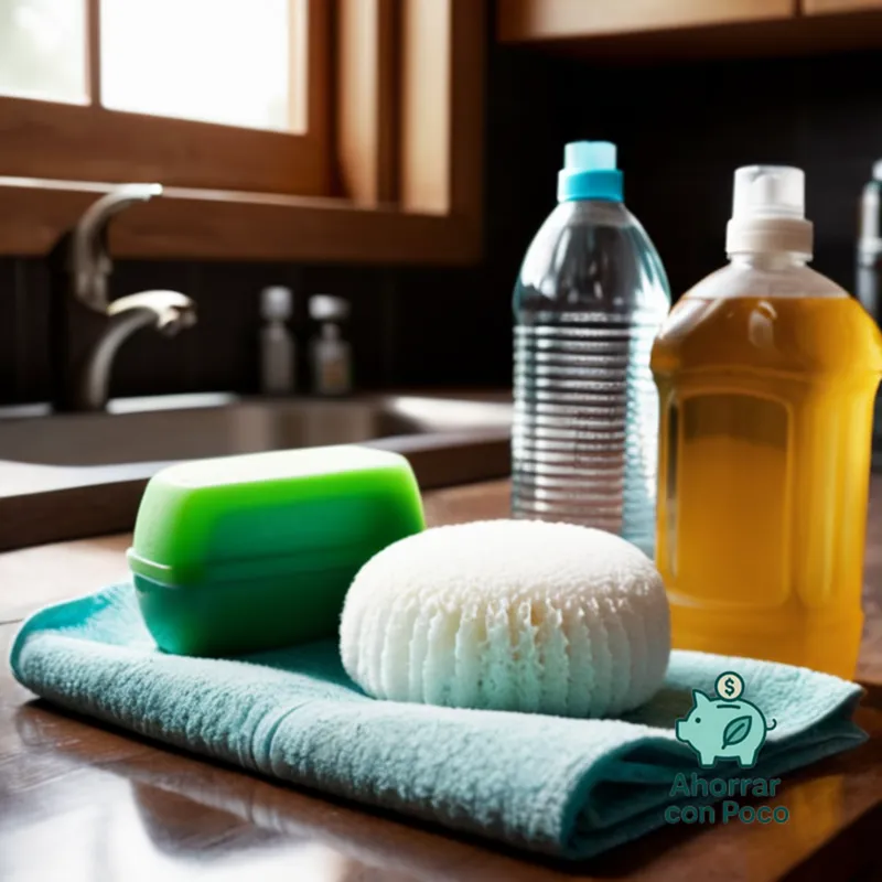 The image should show: A worn-out bottle of conventional bleach lies next to an assortment of eco-friendly cleaning products, including a glass jar filled with homemade all-purpose cleaning solution, a natural sponge, a bar of soap, and reusable cotton cloths arranged on a cluttered but tidy kitchen counter.
