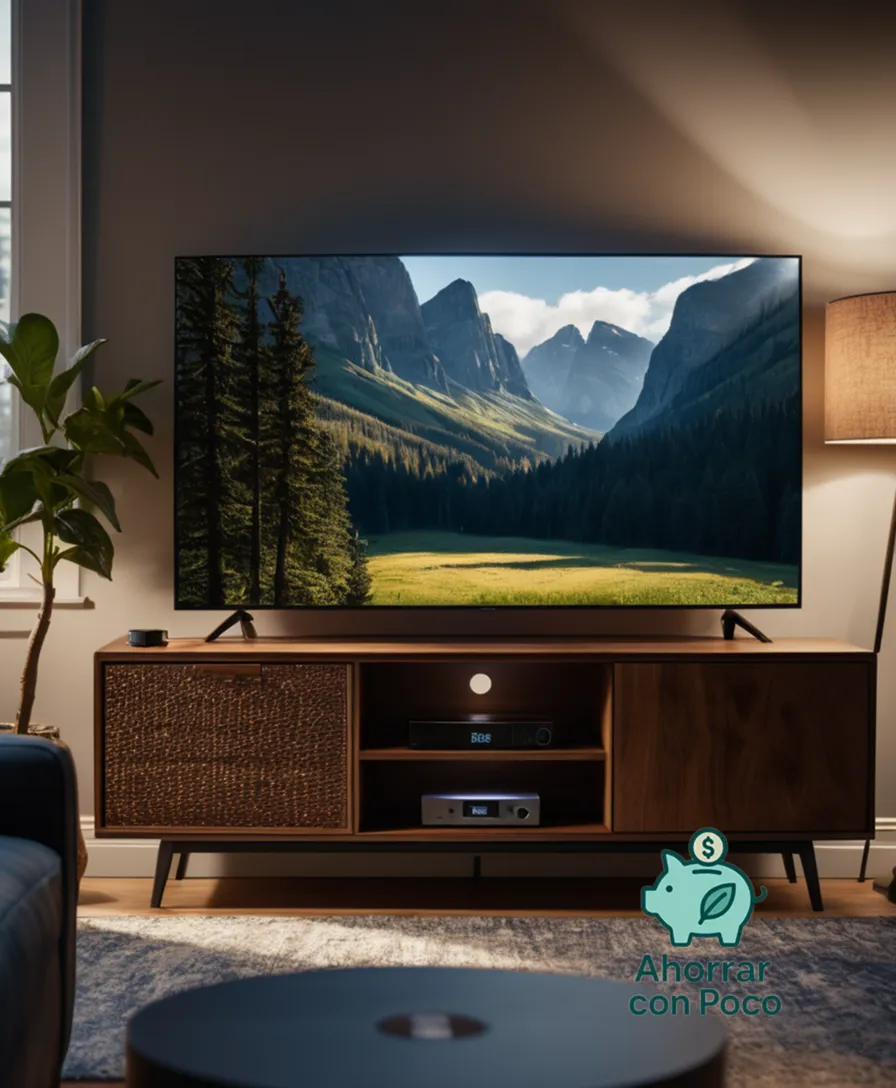 The image should show a large television screen prominently displayed on a sleek and modern entertainment stand, surrounded by a few carefully selected electronic accessories such as earbuds, a power bank, and a smartphone, all rendered in precise detail against a warm and inviting living room background.