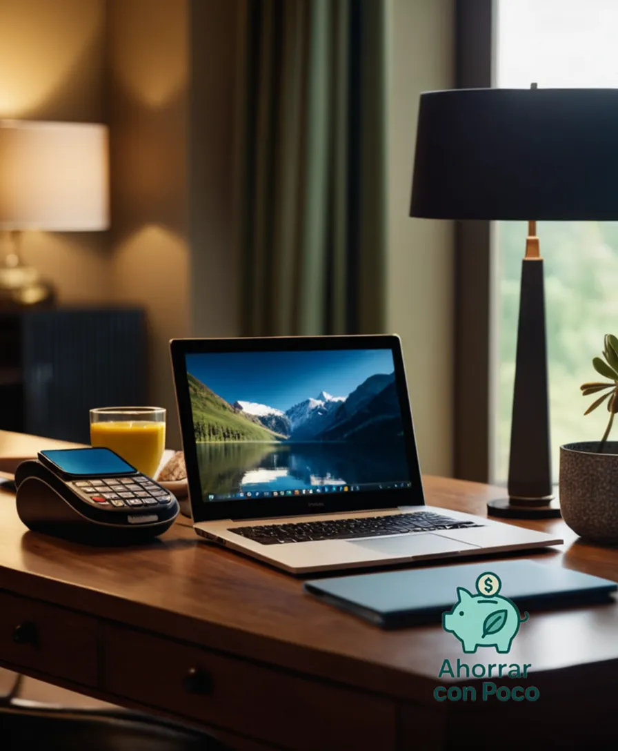 The image should show: A colorful table setting with various electronic gadgets, such as smartphones, laptops, tablets, and headphones, strategically arranged alongside everyday household items like a wallet, clock, and books, set against a warm and inviting background hinting at a cluttered home office or study.