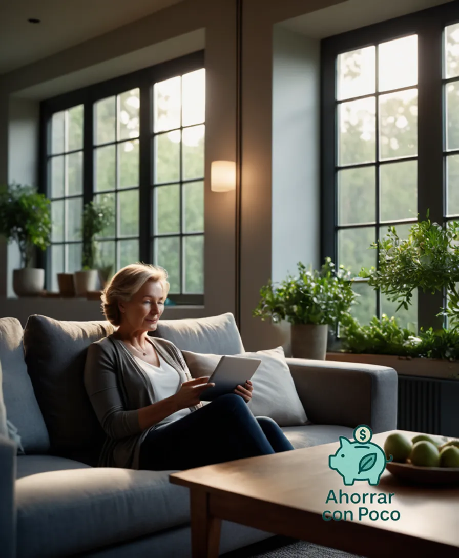 The image should show a warm and inviting living room scene at dusk, where a middle-aged woman sits comfortably on a sleek grey couch, gently holding a tablet as she efficiently monitors her energy consumption, surrounded by greenery and natural light spilling through the window.
