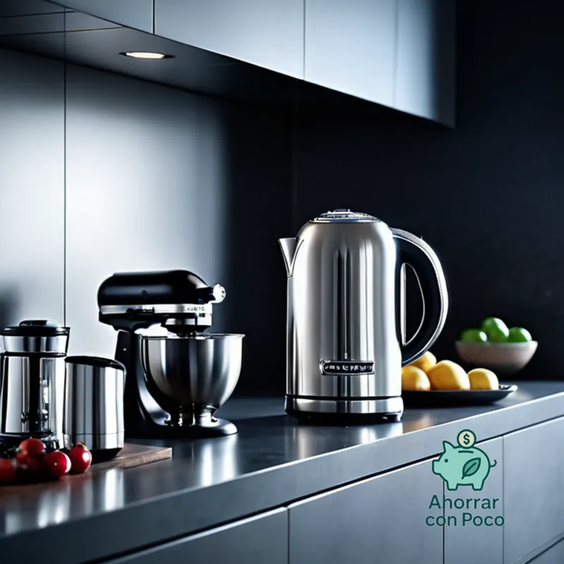 The image should show a cluttered kitchen countertop with various household appliances, including a bright stainless steel refrigerator on the left, its door slightly open to reveal an LED-lit interior, next to which stands a stand mixer and blender, with a toaster and kettle placed at angles in the center.