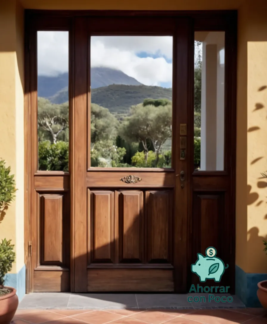 The image should show: A close-up view of a worn but well-maintained wooden door in a classic-style Argentine house, with Hogar's bold and colorful logo prominently centered on the door, surrounded by the natural surroundings of an Andean garden, drenched in warm sunlight.