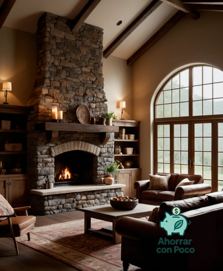 The image should show a warm and inviting living room with a majestic hogar (traditional Latin American stone fireplace) as its centerpiece, surrounded by rustic wood beams, plush cushions, and vibrant textiles, evoking a sense of cozy comfort and natural warmth.