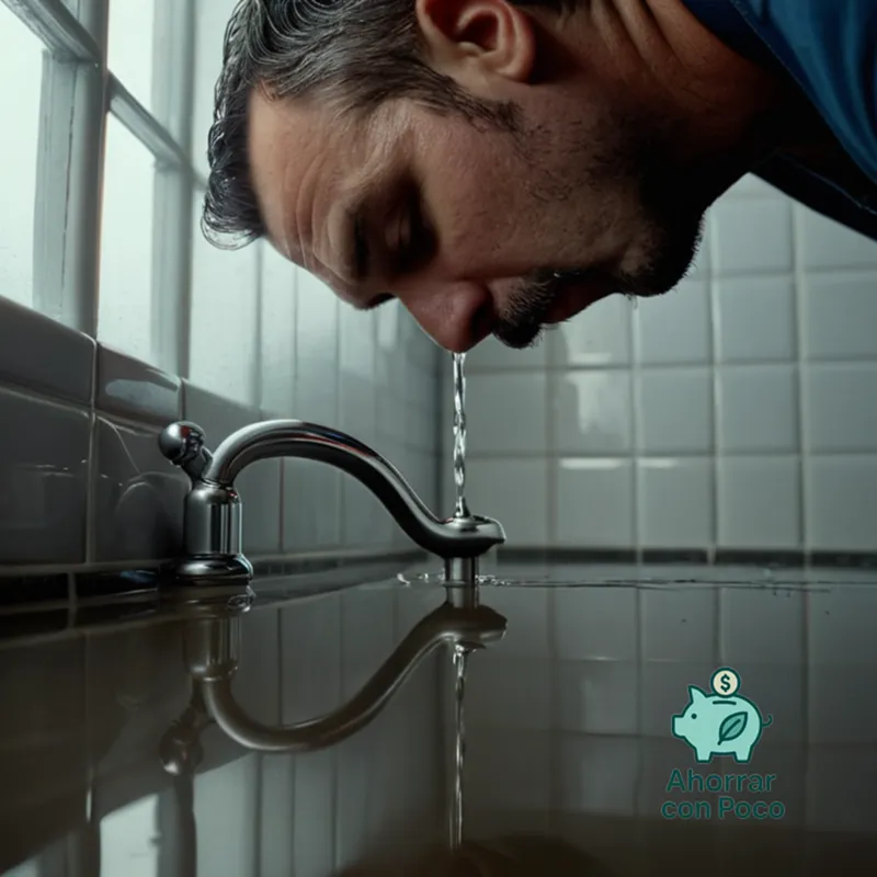 The image should show: A clear close-up of the plumber inspecting a leaky faucet under harsh overhead lighting, with visible water droplets dripping onto a worn tile floor, against a dull grey wall in a functional bathroom setting.