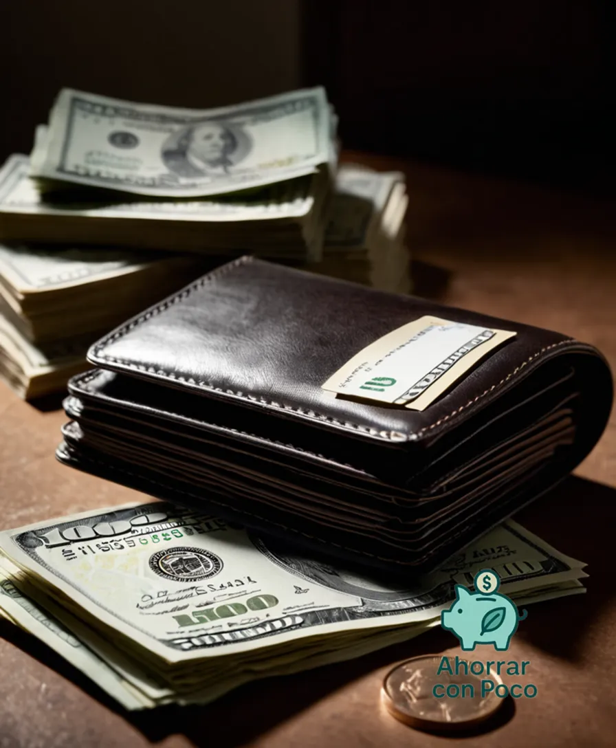 The image should show: A worn-out wallet placed on top of a neatly stacked pile of used cash receipts, bills, and coins from varied salary payments, juxtaposed against a subtle gradient background illustrating a rising income line graphically representing saved money.