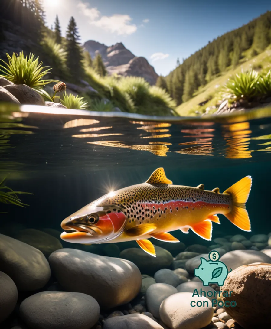 The image should show: A calm hembra (brown trout) swimming slowly towards the foreground in a crystal-clear mountain stream, its scales glistening in warm sunlight as it navigates around natural rock formations surrounded by lush greenery and vibrant aquatic plants.