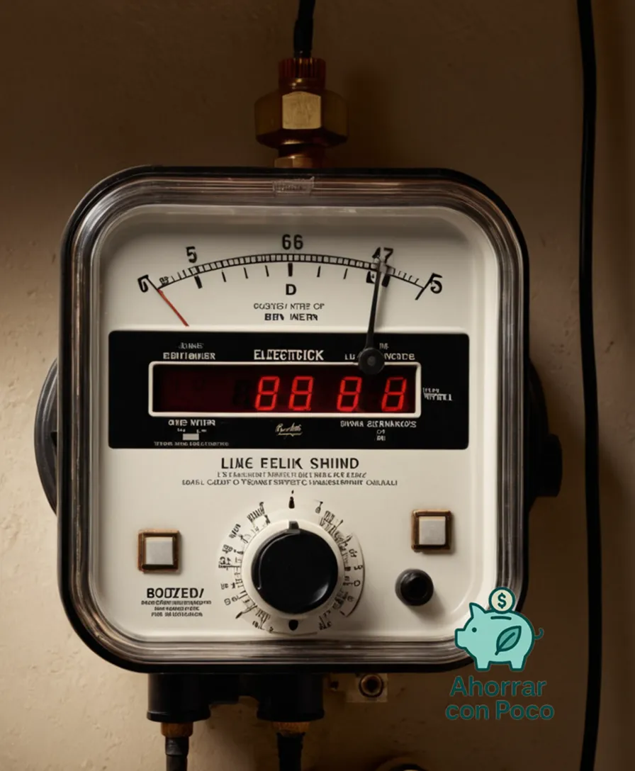 The image should show: A clear close-up of an old water and electricity meter mounted on a wall in a typical household setting, surrounded by neutral-colored tones and subtle lighting, highlighting the intricate details of the dials and gauges that measure precise amounts of consumed water and electrical energy.