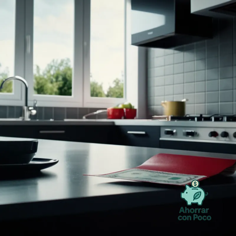 The image should show a clean and clutter-free kitchen countertop with an open wallet in the center, surrounded by scattered papers of electricity bills from previous months, including a shockingly high bill labeled