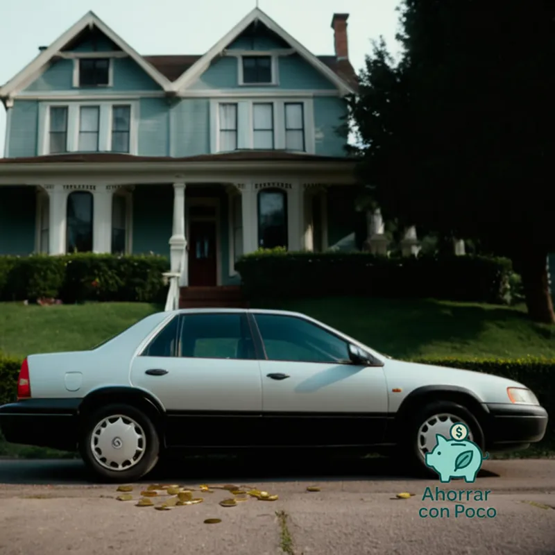 The image should show: A worn-out yet reliable-looking sedan parked on a sunny sidewalk in front of a modest house, surrounded by vibrant greenery, with a piggy bank next to it collecting coins under a warm spotlight, exuding a sense of achievable dreams.