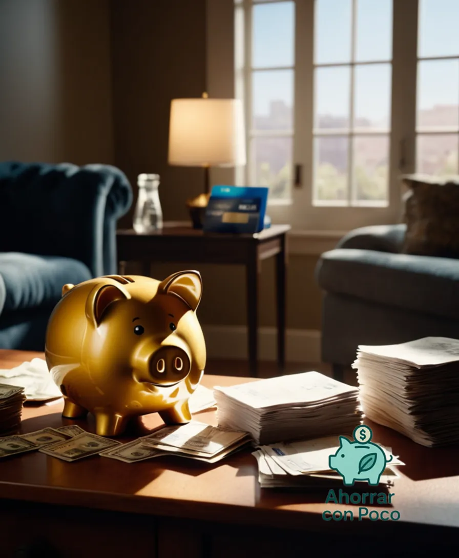 The image should show an overflowing piggy bank filled to its brim, sitting on top of a cluttered countertop with stacks of crumpled bills, faded credit card statements, and worn notepads, set in a dimly lit living room with worn furniture.