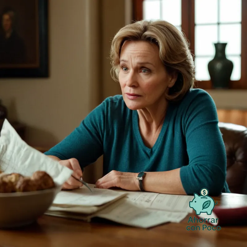 The image should show: A middle-aged woman in her living room, sitting amidst disheveled clothes and yesterday's dishes, holding a crumpled pay stub and staring down at a handwritten budget plan on a piece of notebook paper, with a stressed expression on her face.