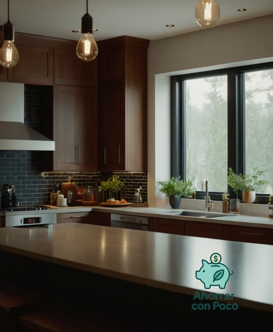 The image should show a warm and inviting living room of a low-income household with a diverse family gathered around a dimly lit kitchen counter, surrounded by energy-efficient light bulbs, solar-powered chargers, and electricity meters displaying lower readings, with a subtle hint of daylight peeking through the window.