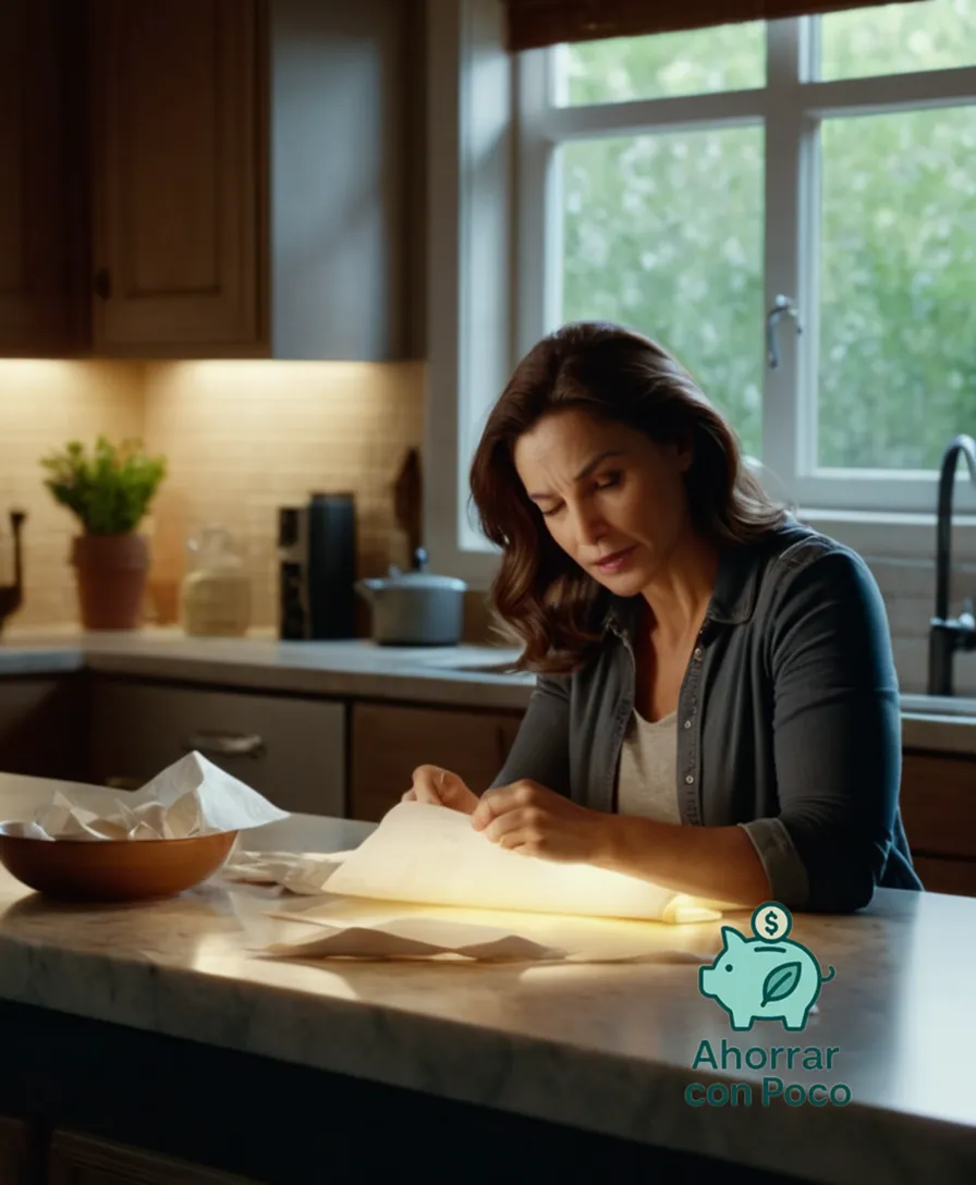 The image should show a genuine electricity bill (factura de luz) on a cluttered kitchen countertop, crumpled papers and bills scattered around it, as a mother in her mid-30s with a concerned expression holds the bill, surrounded by a dimly lit but cozy domestic setting.