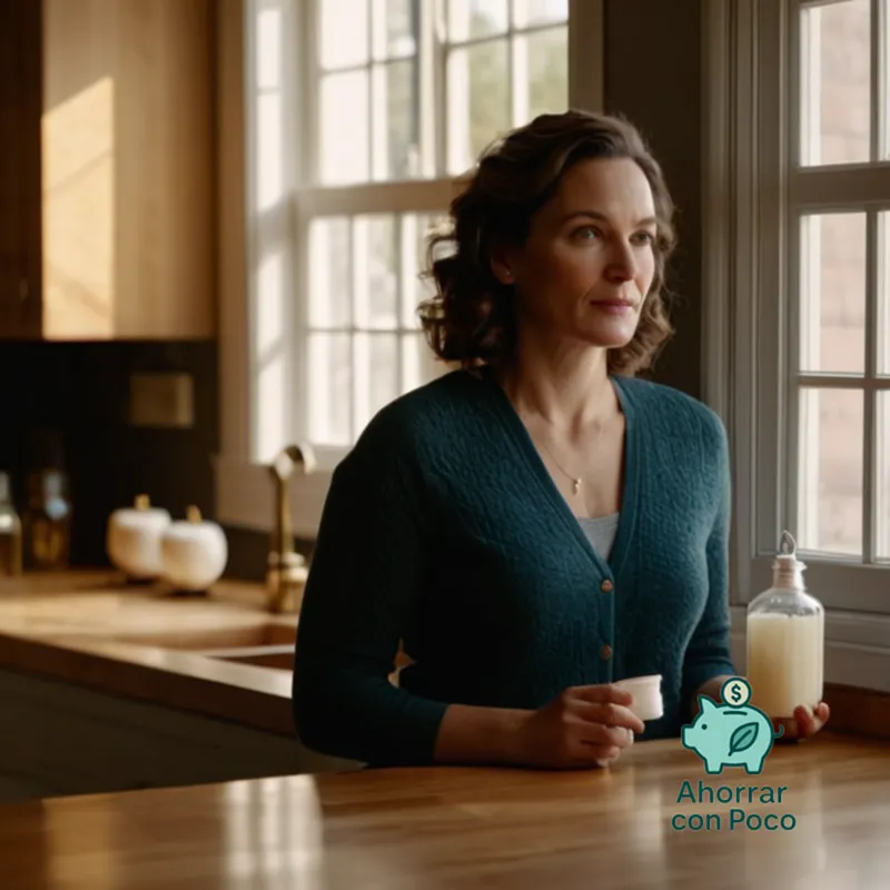 The image should show: a modest kitchen illuminated by soft afternoon light, a woman in her mid-30s standing near a window, holding a compact fluorescent lamp (CFL) bulb amidst a stack of traditional incandescent bulbs and utility bills on the wooden countertop.