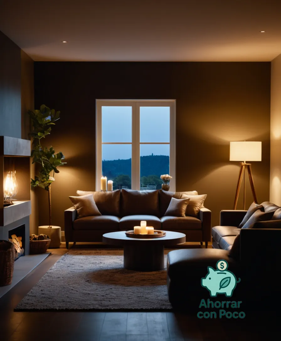 The image should show a warm and modern living room with a variety of energy-efficient light bulbs on display, including LED candles, energy-saving light strips, and compact fluorescent lamps (CFLs), surrounded by a few examples of traditional incandescent bulbs for comparison.