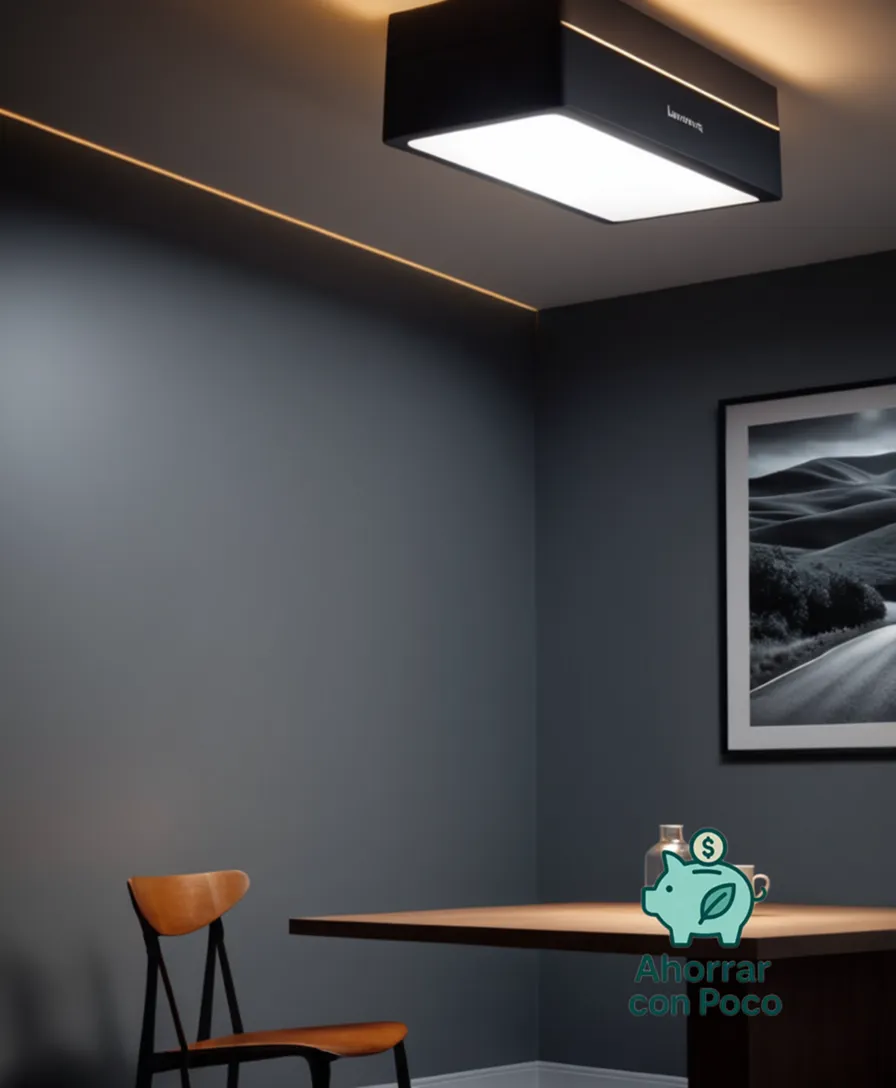 The image should show: A single compact fluorescent lamp (Lámpara de Flujo) suspended from a white ceiling, casting a warm glow on a simple gray wall in the background, with a subtle energy consumption graph displayed discreetly next to it.