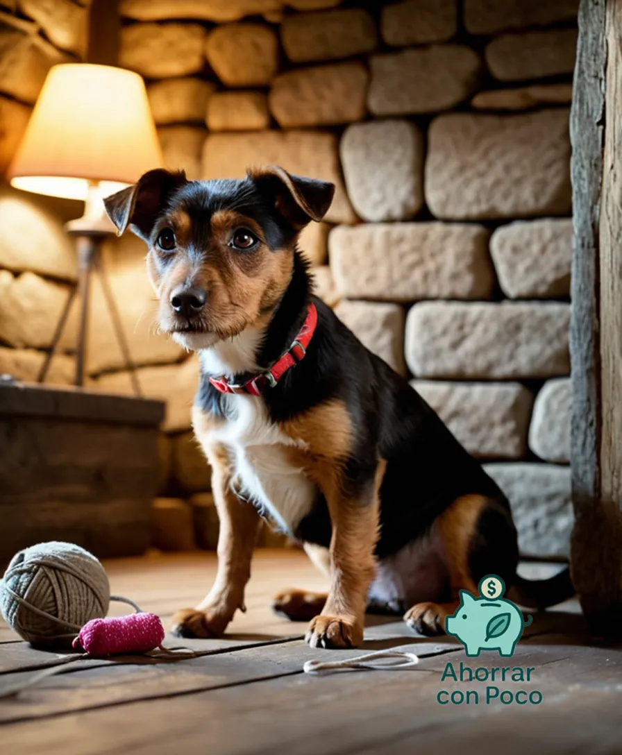 The image should show: A scruffy but lovable medium-sized brown Terrier mix sits on a worn wooden floor in front of a rustic stone wall, surrounded by discarded dog toys and worn-out leashes, its tongue lolling out of a happily tired mouth as it gazes up at its owner.