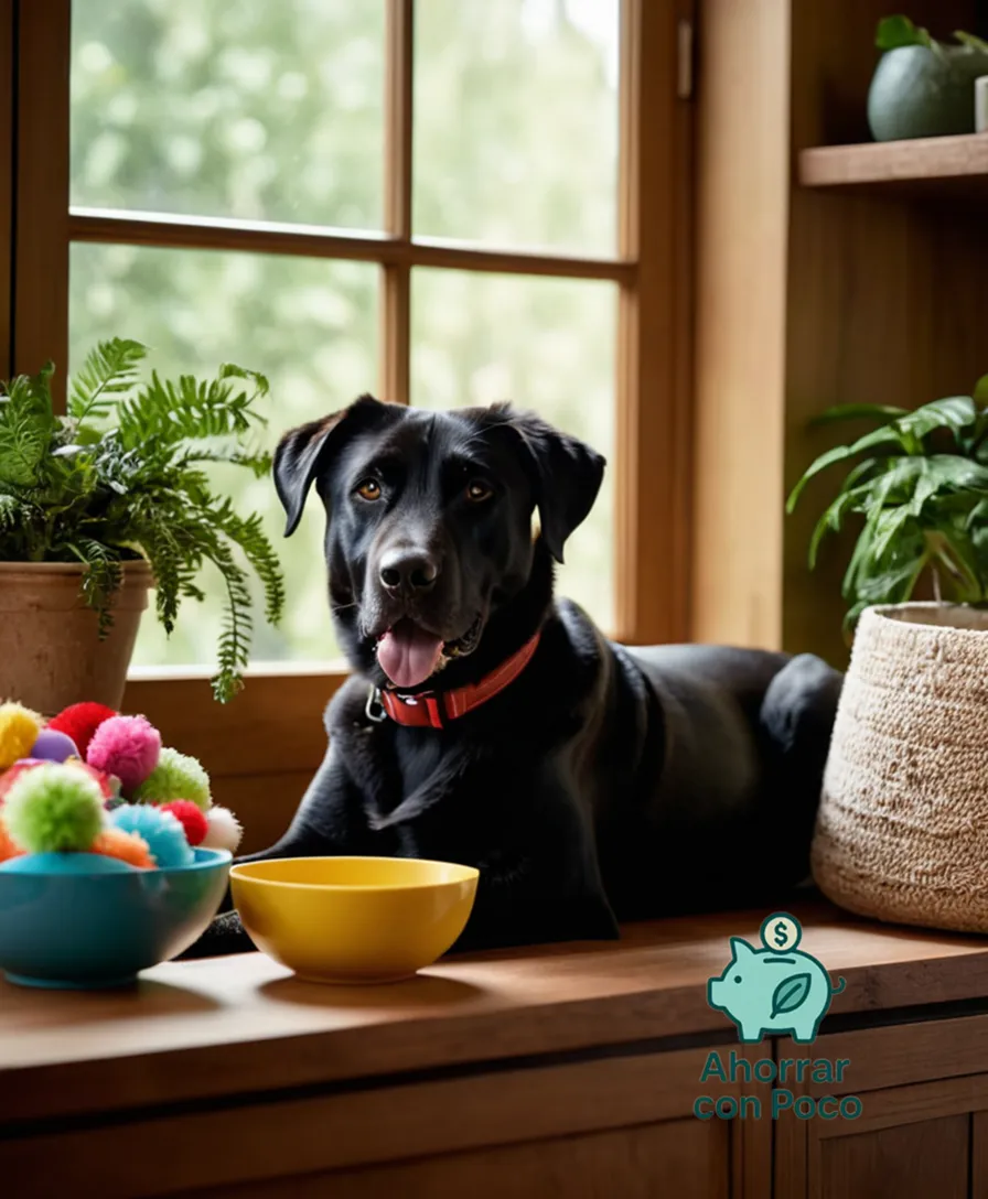 The image should show a happy and well-groomed mix-breed dog sitting in front of a modest living room shelf packed with colorful toys, surrounded by lush green plants and natural textures, with a thoughtful owner gently pouring kibble into its bowl from a refillable container.