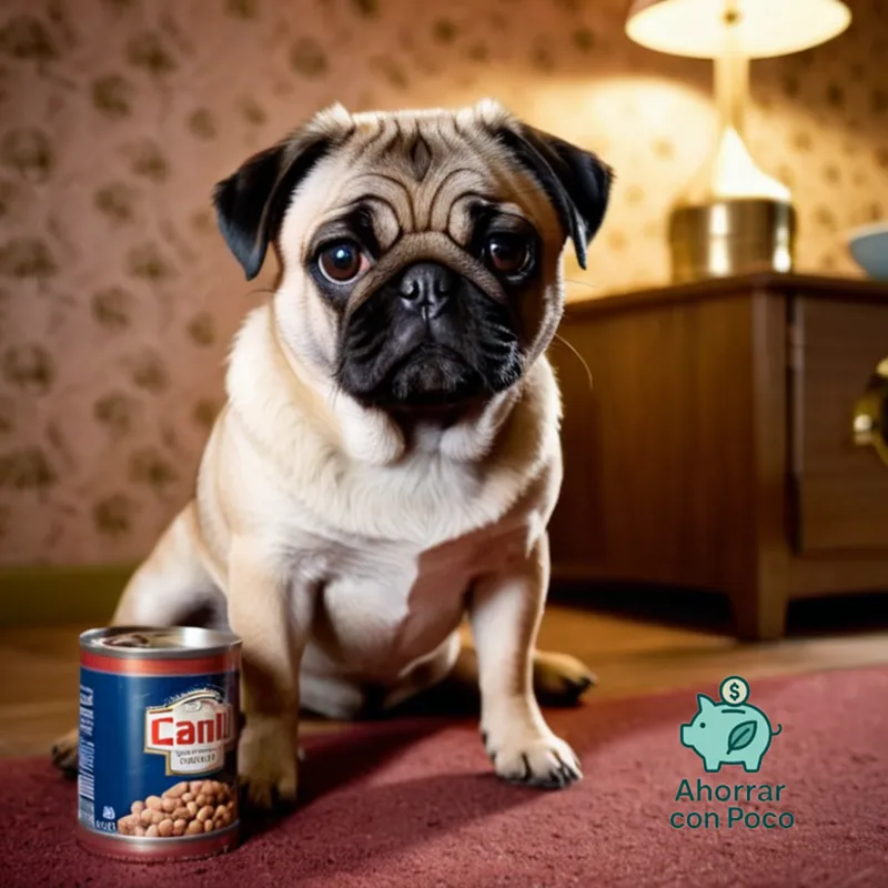 The image should show: A small, adorable Pug mix sitting on its haunches in front of a worn-out piggy bank, paws grasping for a bottle of mid-range dog food, set against a faded wallpaper background with subtle shadows highlighting the pet's rounded fur and pleading eyes.