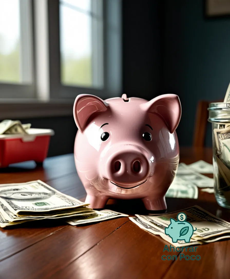 The image should show a single, worn-out piggy bank filled to the brim with tightly packed, neatly folded US dollar bills and crumpled receipts on a cluttered, wooden desk near a large calendar marked with highlighted financial deadlines and a small, framed photo of a happy family.