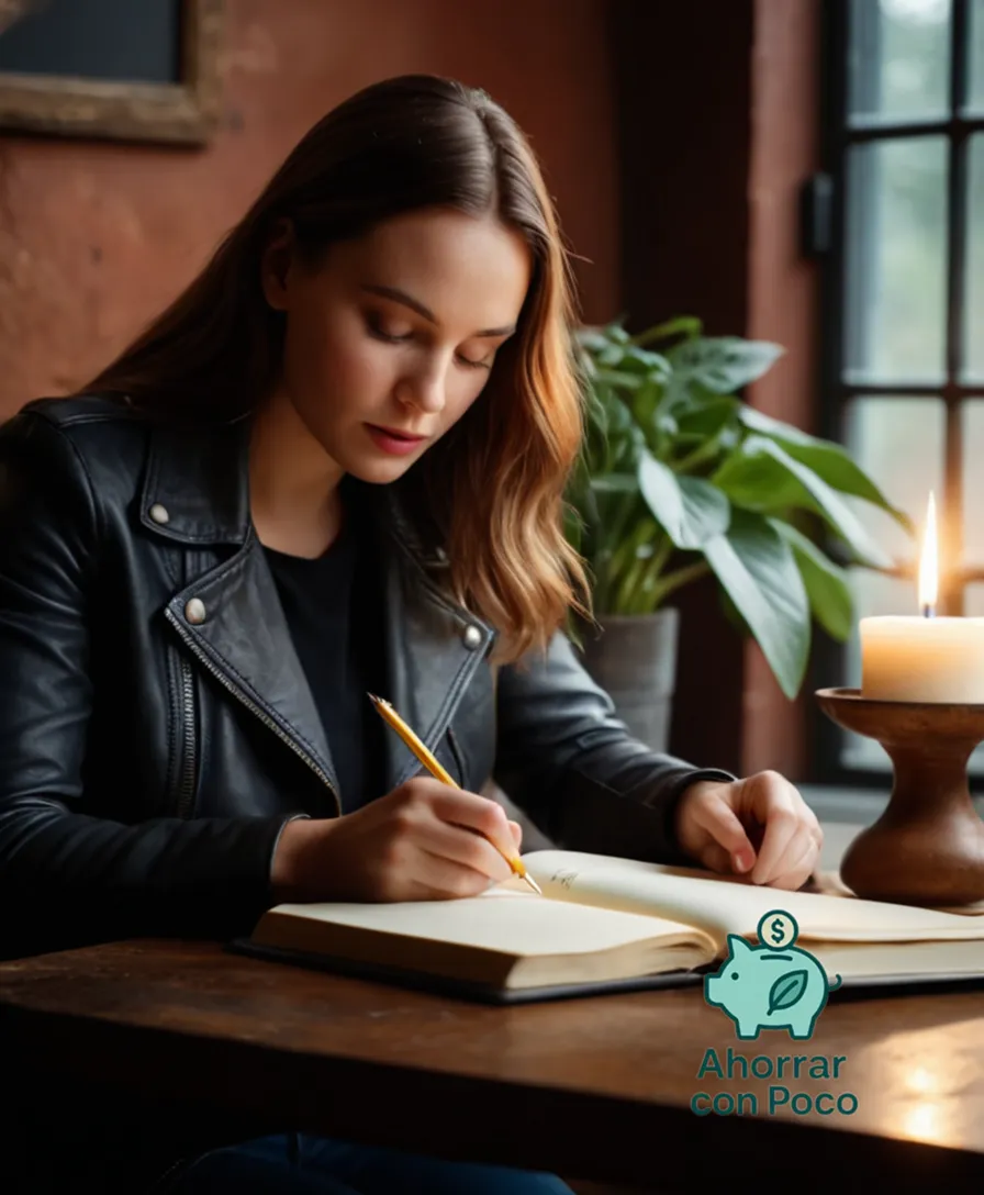 The image should show a hands-on approach to budgeting, featuring a young adult holding a humble notebook with a worn leather cover, scribbling in a neatly designed table, surrounded by low-cost treats such as candles and plants, conveying a sense of thriftiness and careful planning.