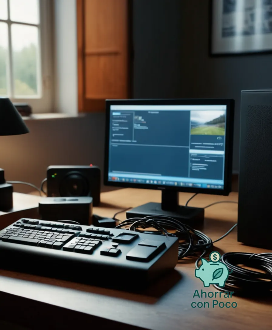 The image should show a cluttered desk overflowing with internet router devices, wires, and broken computer peripherals, contrasted by a smartphone displaying a low data usage app, amidst a backdrop of worn-out books on internet safety and frugal living guides.