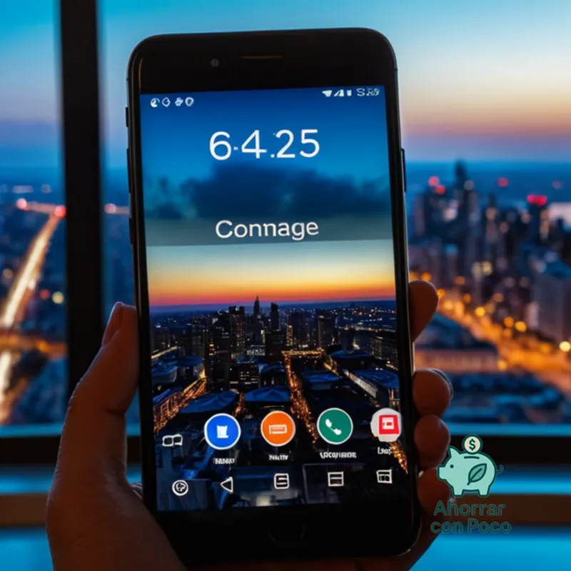 The image should show: A close-up shot of a smartphone's home screen displaying an internet settings menu, with a prominent banner in the background promoting a telecommunications company's low-cost plan amidst a blurred urban cityscape at sunset, vibrant colors emphasizing cost-cutting savings.