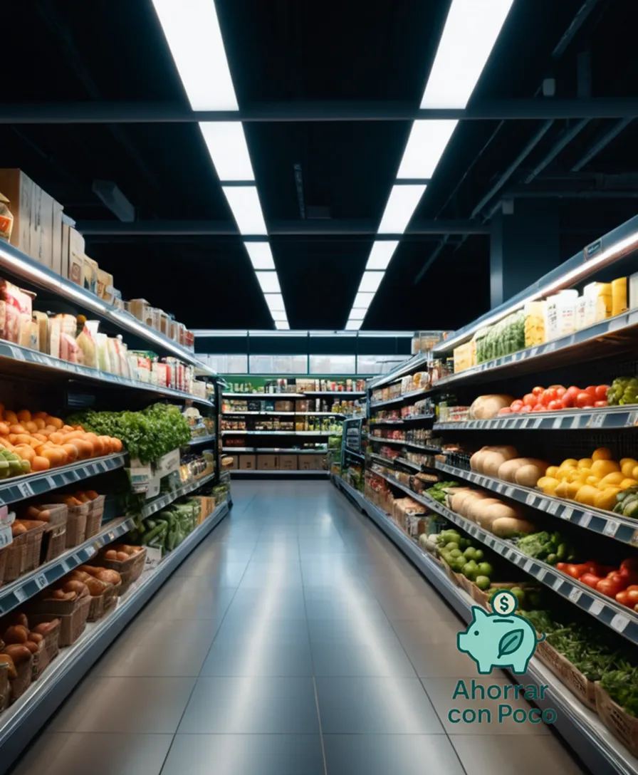 The image should show a vibrant and well-stocked supermarket aisle with tightly packed shelves laden with an assortment of everyday household items, fresh produce, and packaged goods under soft, natural light pouring in through large windows, emphasizing the abundance and accessibility of shopping.