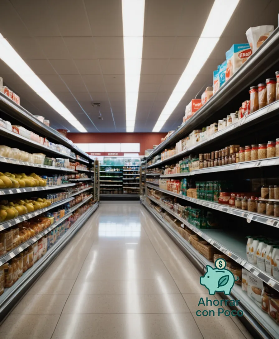 The image should show a well-lit, middle-class supermarket interior, with rows of neatly stacked shelves filled with recognizable everyday products, such as groceries, cleaning supplies, and personal care items, against a modern, neutral-colored background that conveys a sense of practicality and order.