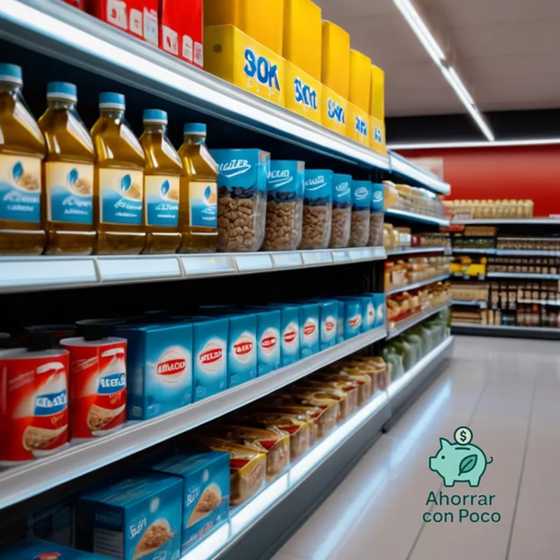 The image should show: A close-up shot of a colorful supermarket shelf stacked with identical rows of transparent plastic packaging, prominently displaying popular brand logos next to generic white product containers, under warm natural light emphasizing the price comparison on each packaging.