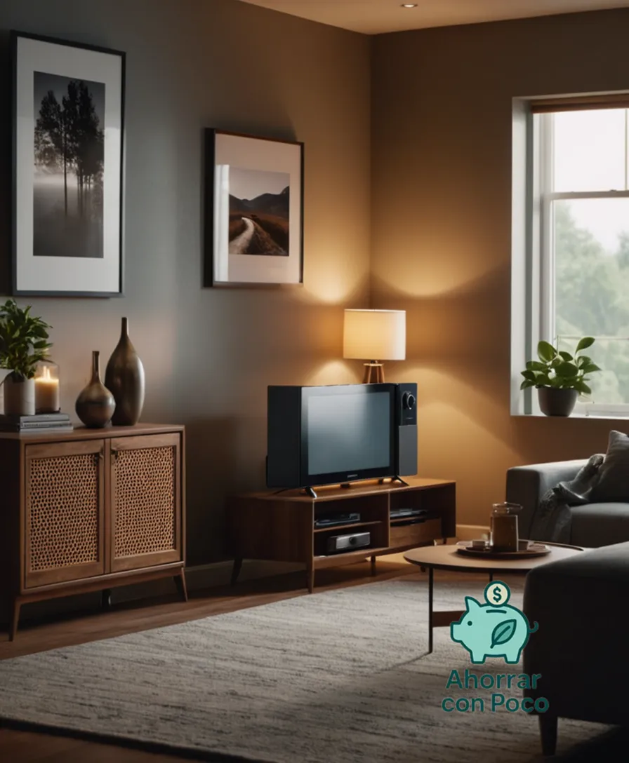 The image should show: A dimly lit living room with a subtle glow on various appliances and devices, amidst an atmosphere of cozy minimalism, featuring a few carefully placed energy-efficient light bulbs, a smart thermostat display screen, and a family's schedule board highlighting their conservation efforts.