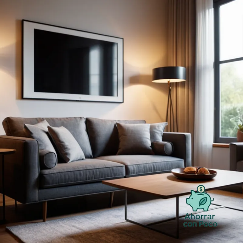 The image should show a warm and inviting living room with a large window allowing natural light to enter, featuring a comfortable sofa and a wooden coffee table next to a sleek electric meter with various energy-saving devices and a laptop displaying an online subsidy application for improving the home's energy efficiency.