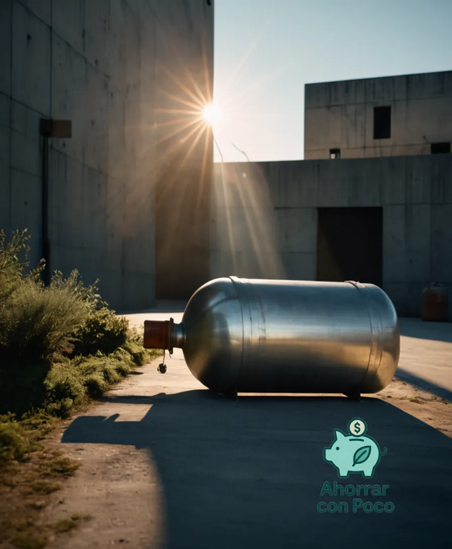 The image should show: A large, industrial-sized gas cylinder in the foreground, partially reflecting sunlight and emitting gentle streams of vapor, situated among rugged concrete blocks and urban infrastructure, conveying a sense of austerity and practicality.