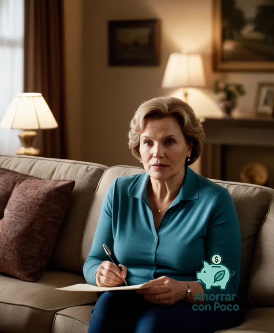 The image should show a determined middle-aged woman sitting on a worn-out couch in a modest living room, surrounded by family photographs and a few mementos, gazing intently at a small notepad and pen clutched between her hands.