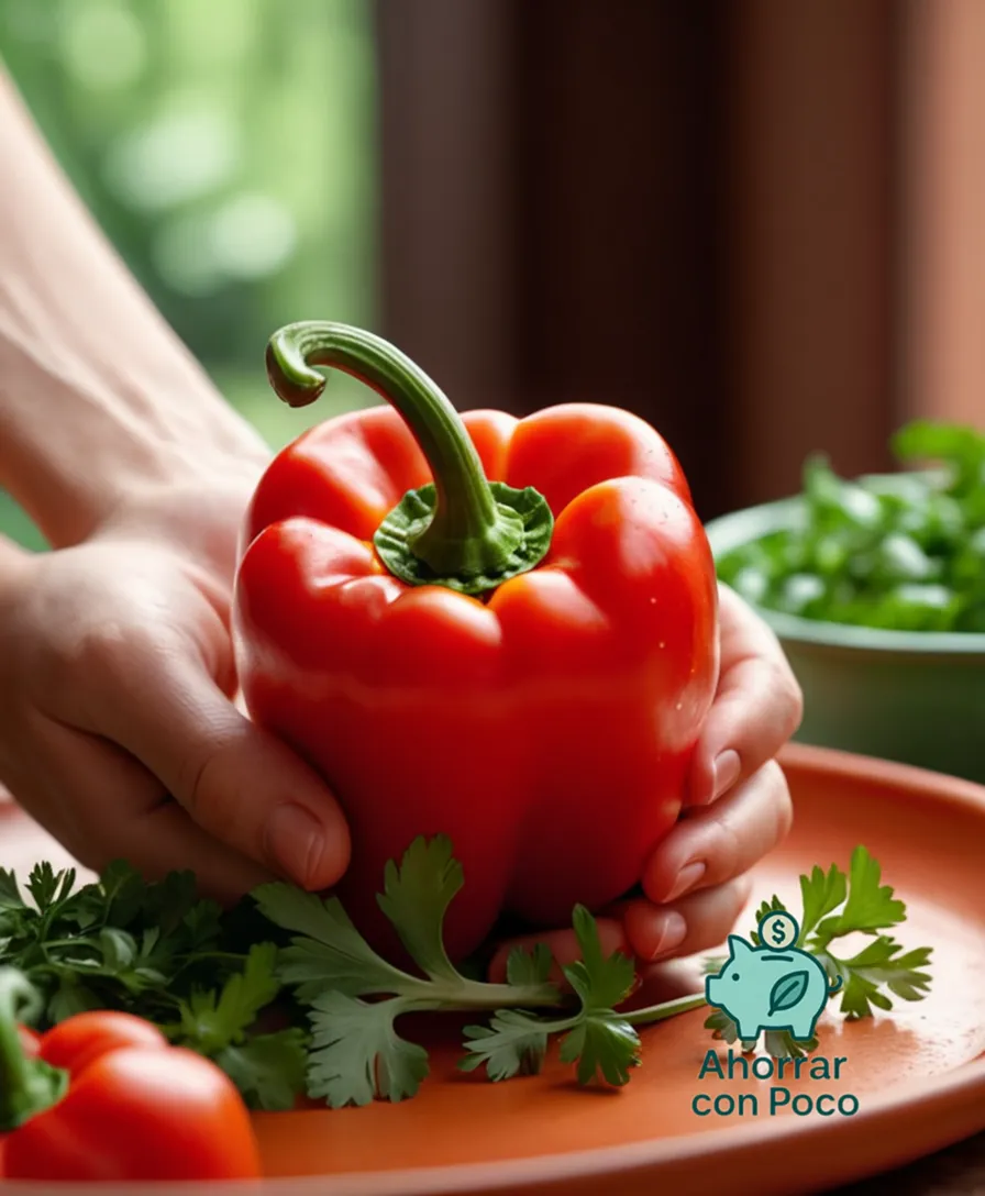 The image should show: A close-up of a hand-holding a vibrant red bell pepper, sliced open to reveal its juicy insides, surrounded by fresh herbs like cilantro and parsley on a terracotta-colored plate set against a warm, sunny kitchen background.