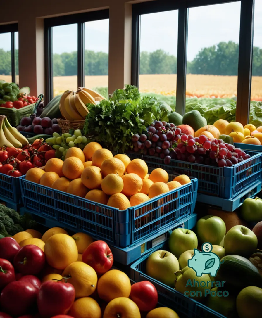 The image should show: A vibrant and overflowing cart filled with an array of colorful whole fruits and vegetables, placed prominently in front of a background of stacked containers of fresh produce, set against a warm natural light that highlights the textures and colors of the items.