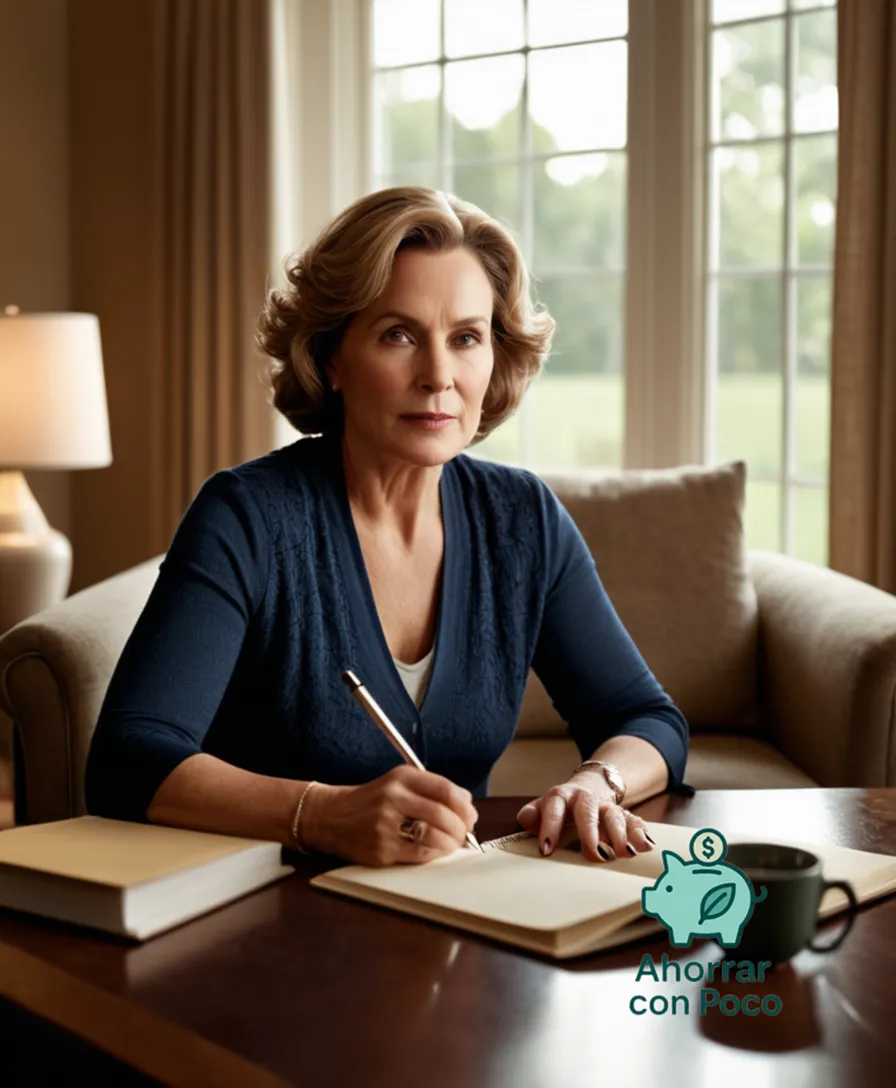 The image should show a middle-aged woman in a modest living room, surrounded by neatly arranged financial documents and household items, while intently holding a small notebook and pen, with a look of calm confidence and determination illuminated by the warm glow of afternoon sunlight filtering through a nearby window.