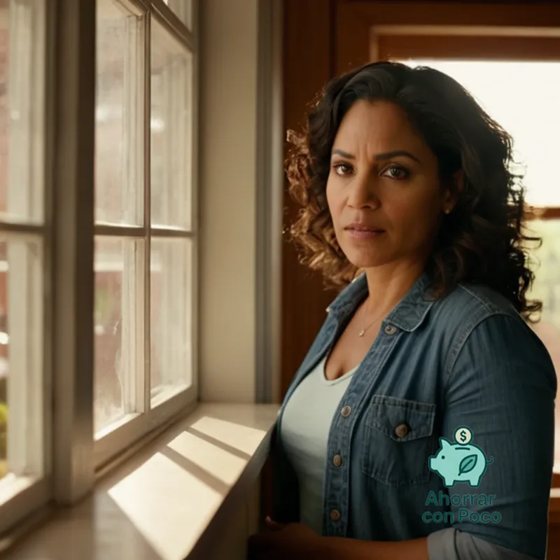 The image should show: A Latino woman in her mid-30s, with a determined expression, standing in front of a small apartment's kitchen wall where she has pinned a handmade chart marking her progress towards building an emergency fund, amidst a modest yet tidy space with sunlight peeking through the window.