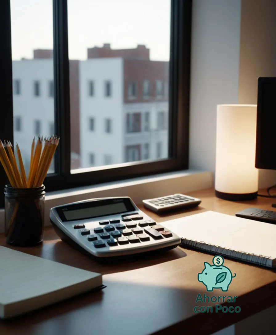 The image should show a large window of a modest apartment unit through which sunlight pours, illuminating a small, neatly arranged desk with a calculator, notebook, and pencils next to a stack of worn financial binders, set against a plain but well-maintained white wall.