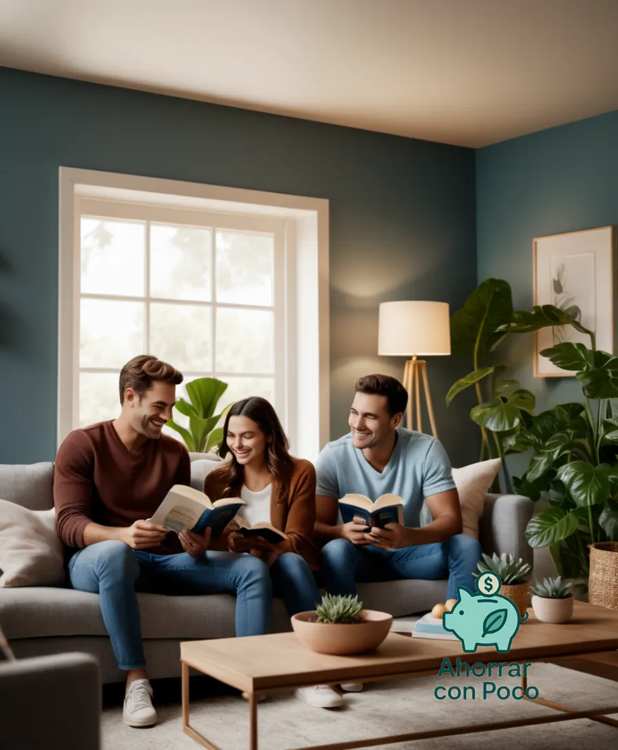 The image should show: A young couple sitting on a modest living room couch, surrounded by family photos and plants, both holding financial planning books and smiling at a dream home blueprint pinned to their wall, while a small, tidy piggy bank sits in the foreground.