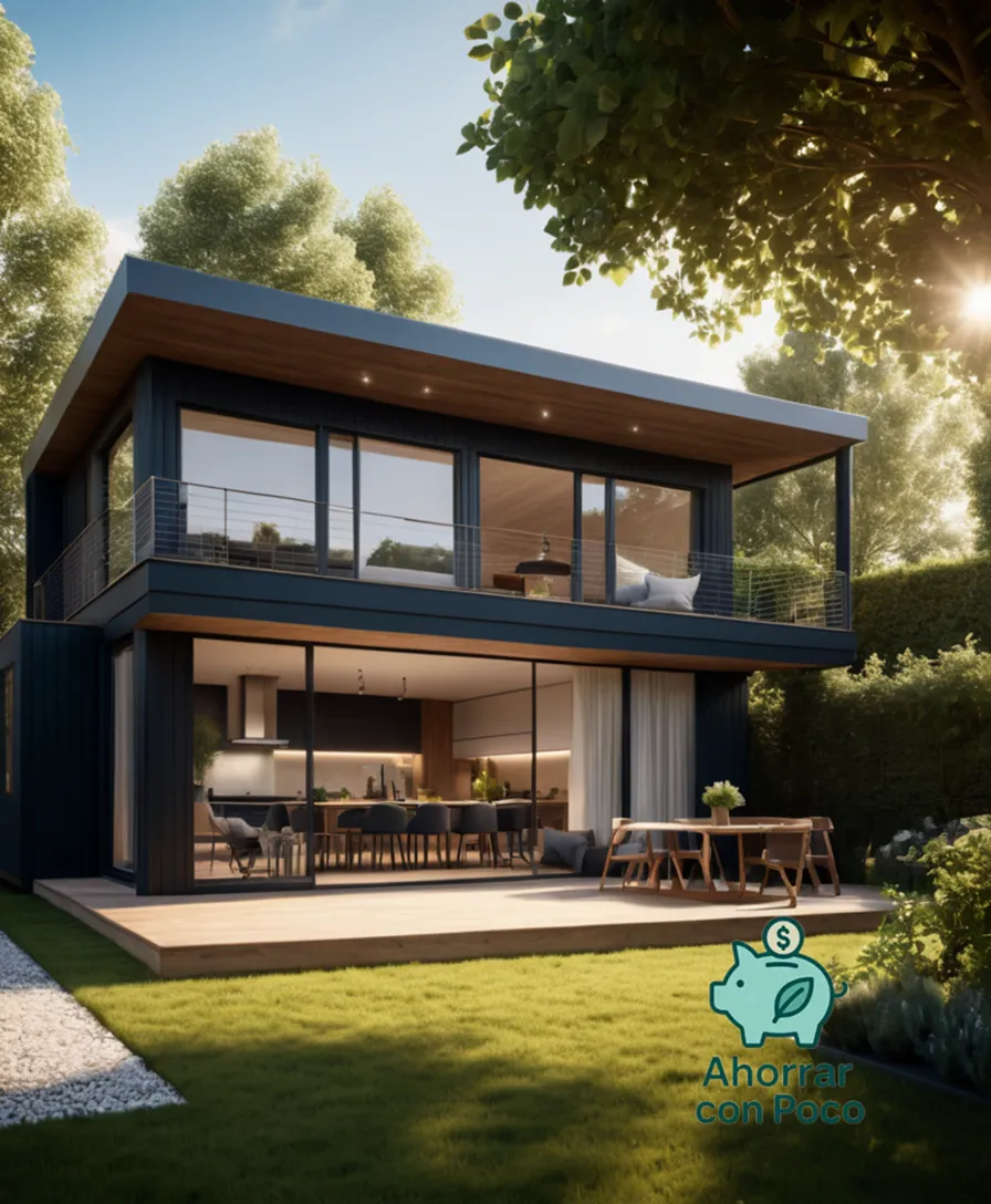 The image should show: A compact, yet sturdy, prefabricated modular home made of sustainable wood and recycled materials, sitting on a plot of land surrounded by low-maintenance gardens, with a small covered patio where a group of smiling individuals from diverse backgrounds are gathering, amidst a warm and sunny day.