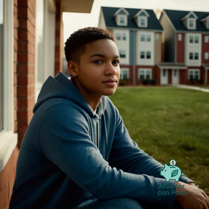 The image should show: A realistic photograph of a low-income young adult, seated in front of a housing brochure, looking hopeful yet uncertain on their face, set against a background with visible public housing units, government logos, and a computer displaying online applications for affordable housing, all perfectly lit to convey a sense of access and possibility.