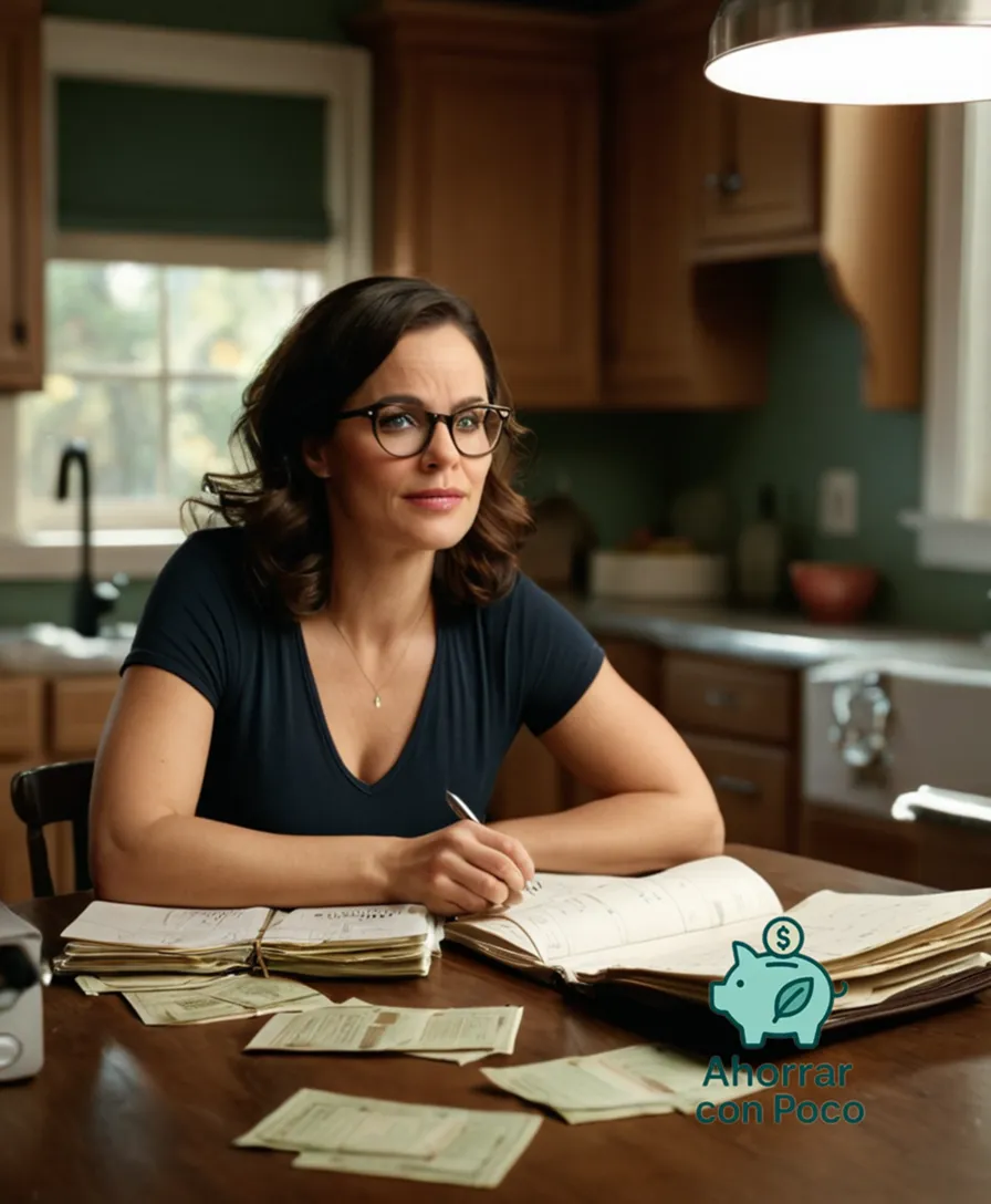 The image should show: A bespectacled woman in her mid-30s, sitting at a cluttered kitchen table surrounded by worn bills, receipts, and a makeshift budgeting journal, holding a small notebook with a faint smile on her face while a framed calendar hangs on the wall filled with annotated dates.