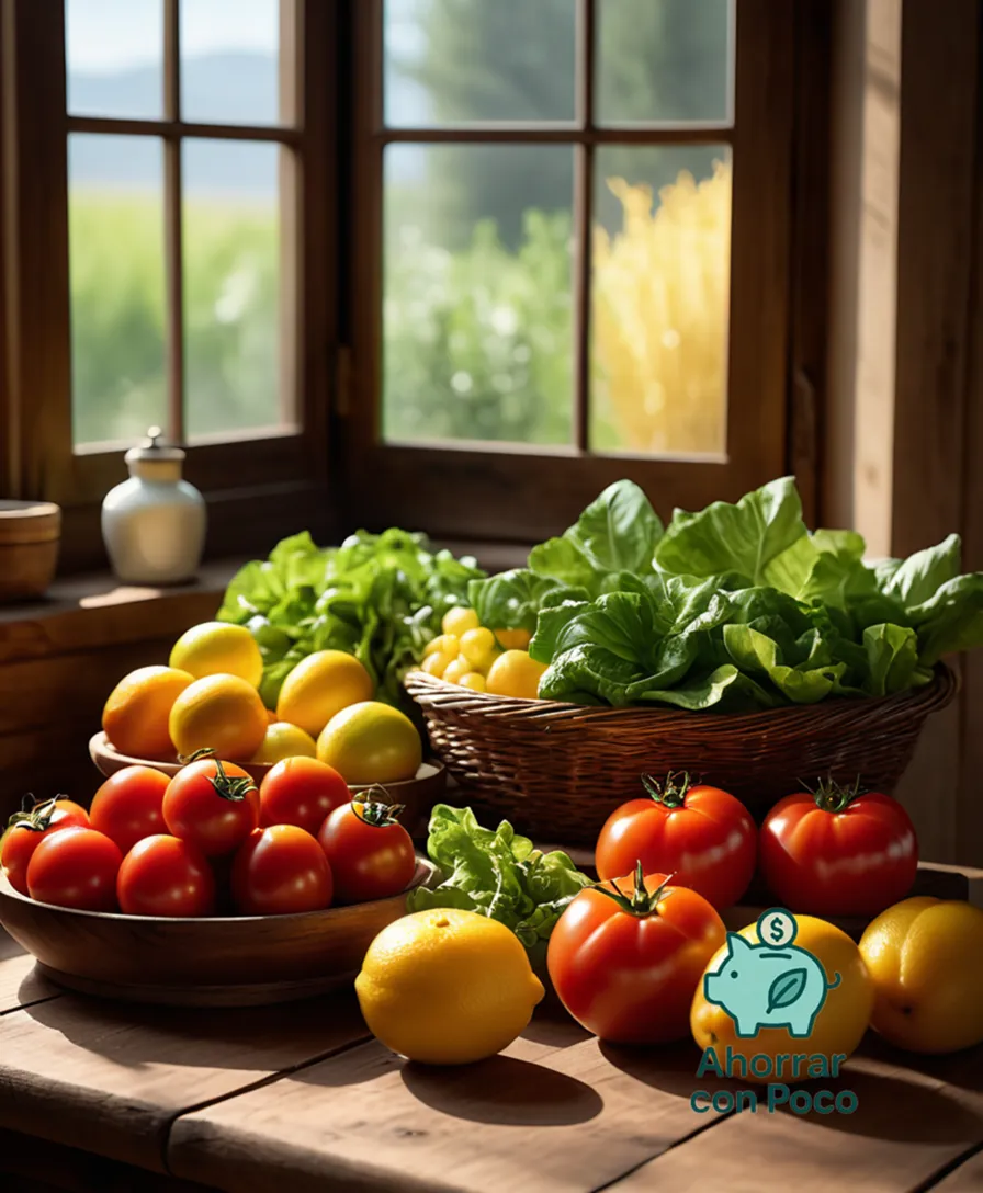 The image should show: A vibrant and colorful array of fresh produce, including plump juicy red tomatoes, crisp green lettuce leaves, and bright yellow citrus fruits, arranged artfully on a rustic wooden table, surrounded by warm sunlight pouring through a kitchen window.
