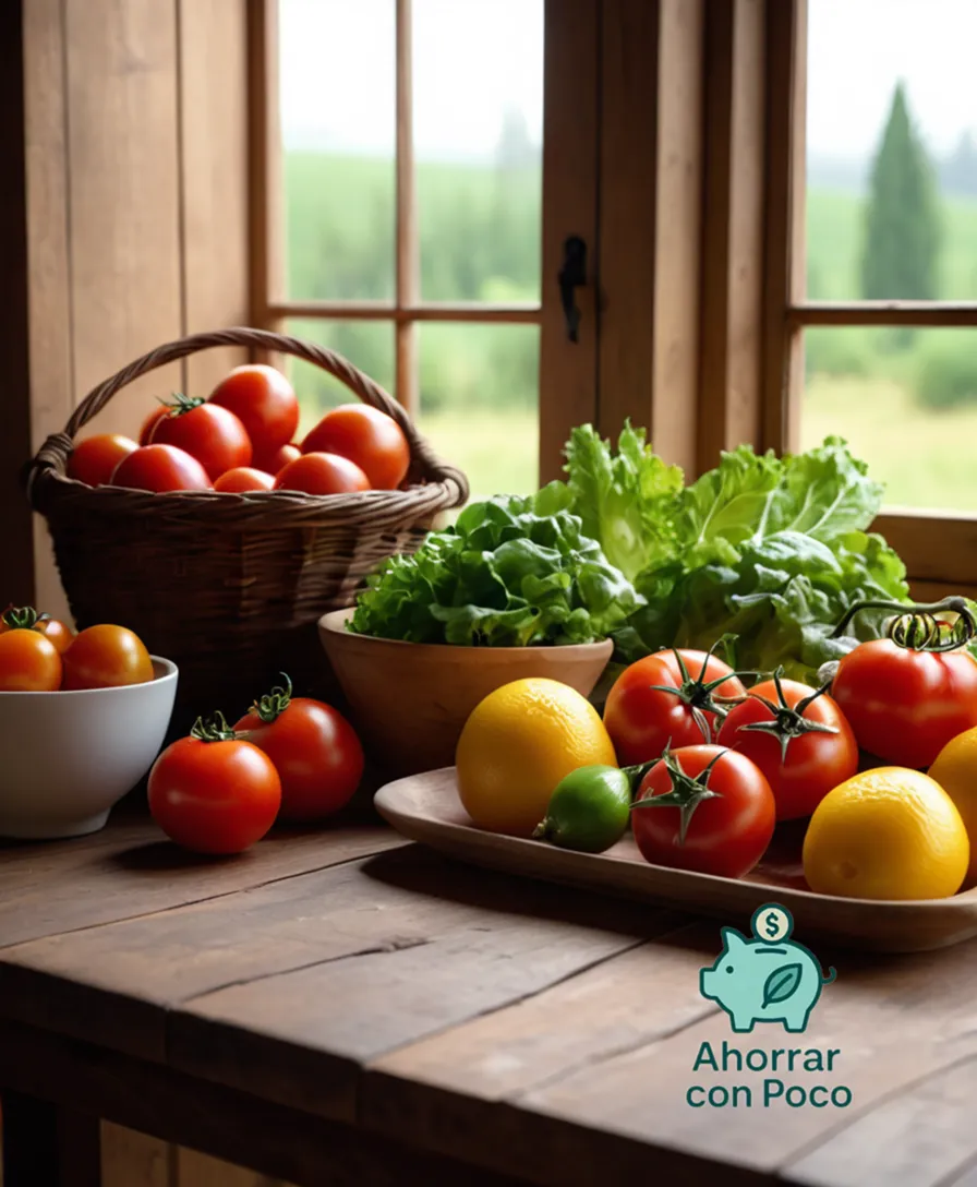 The image should show a vibrant and colorful still life arrangement of fresh produce spread across a rustic wooden table, including juicy red tomatoes, crisp green lettuce, plump yellow onions, and fragrant citrus fruits, set against a warm and inviting golden ambient light.