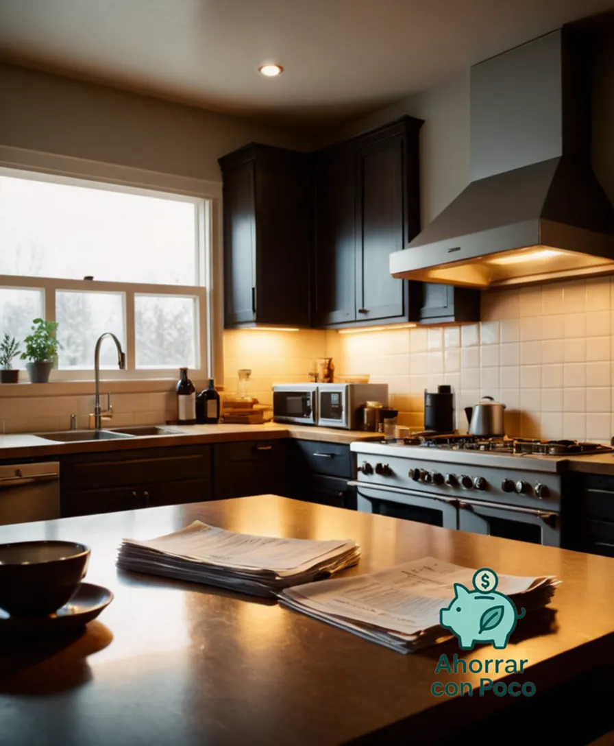 The image should show: A cluttered kitchen table surrounded by stacks of bills, receipts, and financial documents, amidst a warm golden light filtering through the window, with a worn-out family photograph on the back of one stack, conveying a sense of economic struggle.