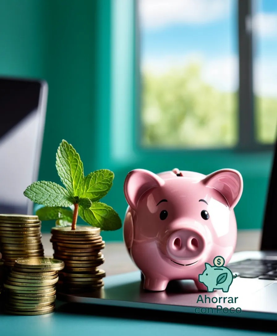 The image should show a smartphone screen displaying a collage of five to six money-saving app icons (including Mint, You Need a Budget, and Acorns) on a bright, blue background, partially overlapped by a laptop screen in the corner, with a real-life piggy bank and crumpled bills subtly integrated into the surrounding environment.